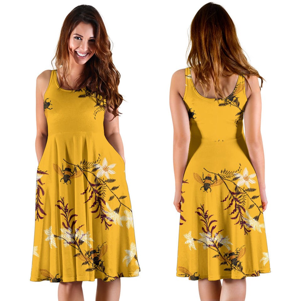 Bee Flower Pattern Sleeveless Midi Dress