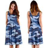 Blue Camo Camouflage Pattern Sleeveless Midi Dress