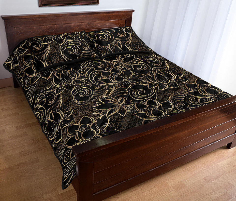 luxurious gold lotus waterlily black background Quilt Bed Set