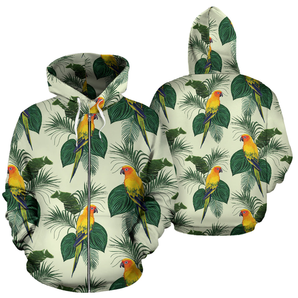 Beautiful Parrot Palm Leaves Pattern Zip Up Hoodie