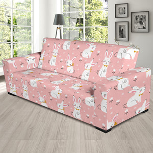 Cute White Rabbit Flower Pink Background Sofa Slipcover