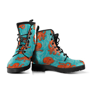 Octopus Turquoise Background Leather Boots