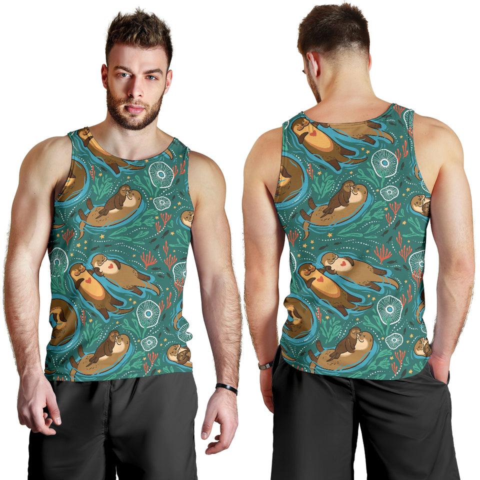 cute brown sea otters ornamental seaweed corals green water Men Tank Top