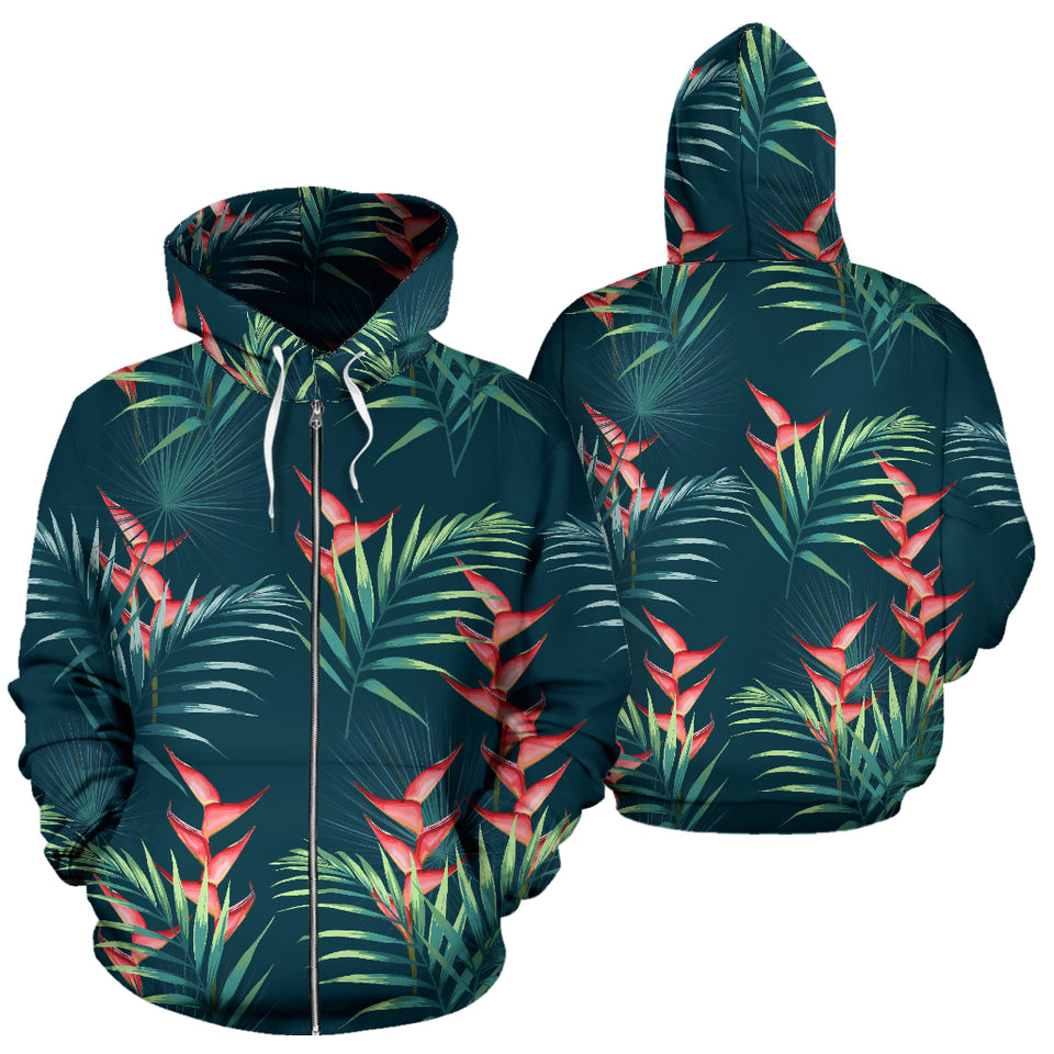 Heliconia Flowers, Palm And Monstera Leaves On Black Background Pattern Zip Up Hoodie