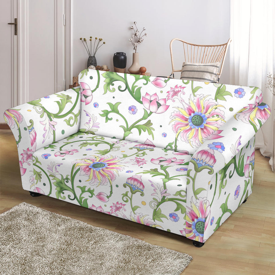 Beautiful Pink Lotus Waterlily Leaves Pattern Loveseat Couch Slipcover