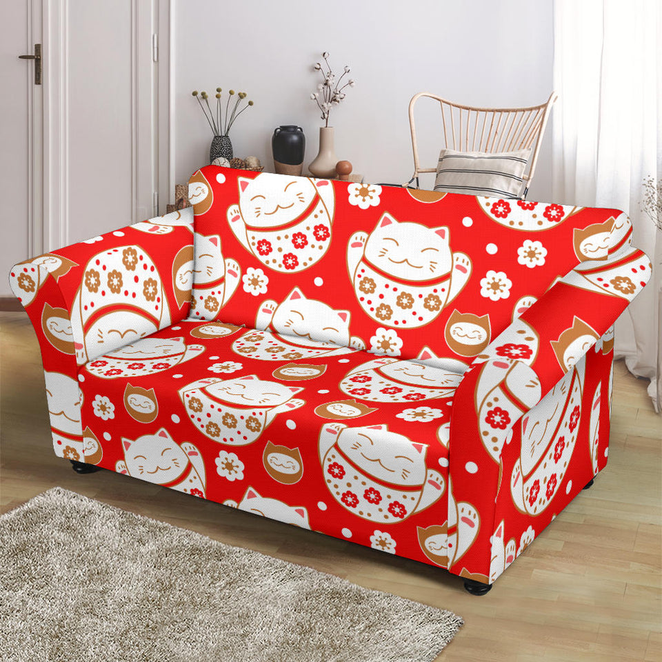 Cute Maneki Neko Lucky Cat Red Background Loveseat Couch Slipcover