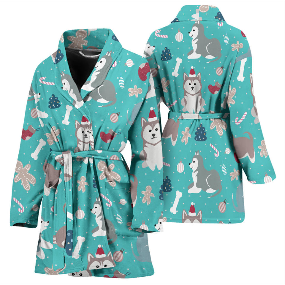 Christmas Cute Siberian Husky Puppie Pattern Women'S Bathrobe