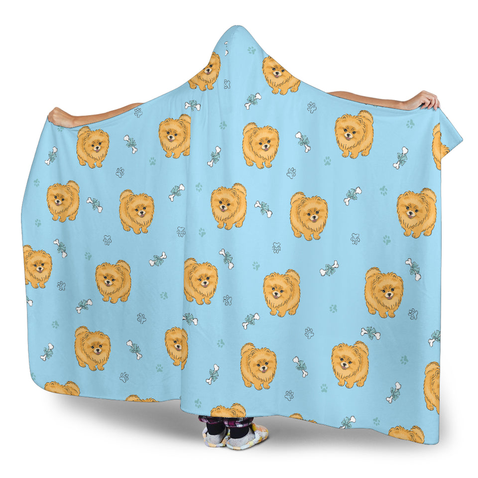 Brown Cute Pomeranian Blue Blackground Hooded Blanket