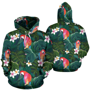 Parrot Palm Tree Leaves Flower Hibiscus Pattern Men Women Pullover Hoodie
