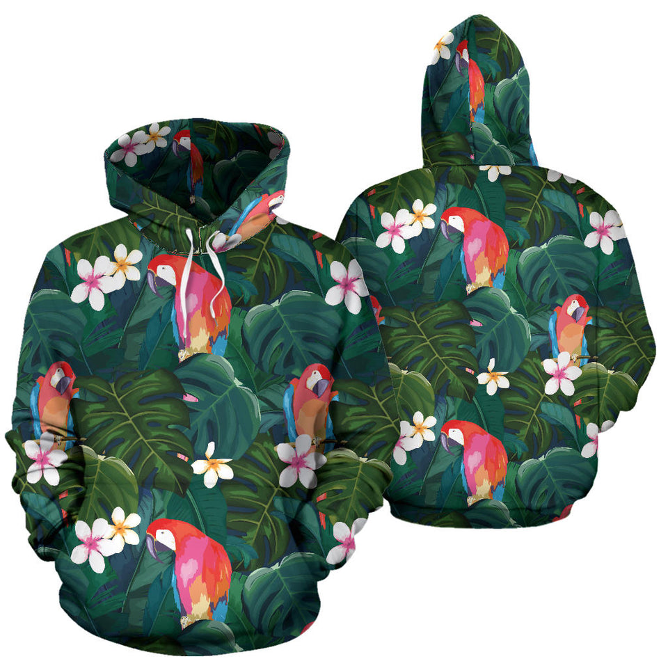 Parrot Palm Tree Leaves Flower Hibiscus Pattern Men Women Pullover Hoodie