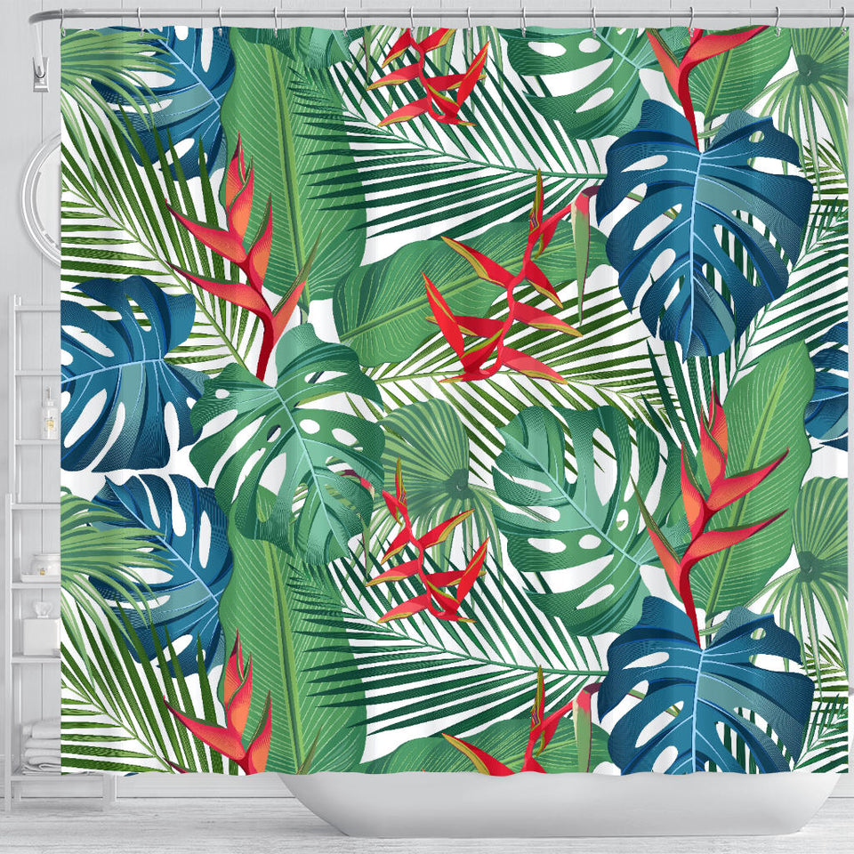 Heliconia Palm And Monstera  Leaves Pattern Shower Curtain Fulfilled In US