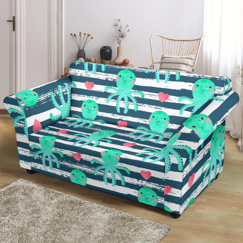 Cute Octopuses Heart Striped Background Loveseat Couch Slipcover