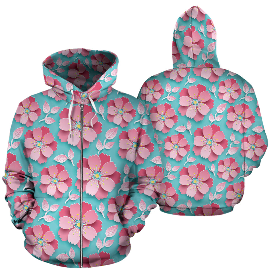 3D Sakura Cherry Blossom Pattern Zip Up Hoodie