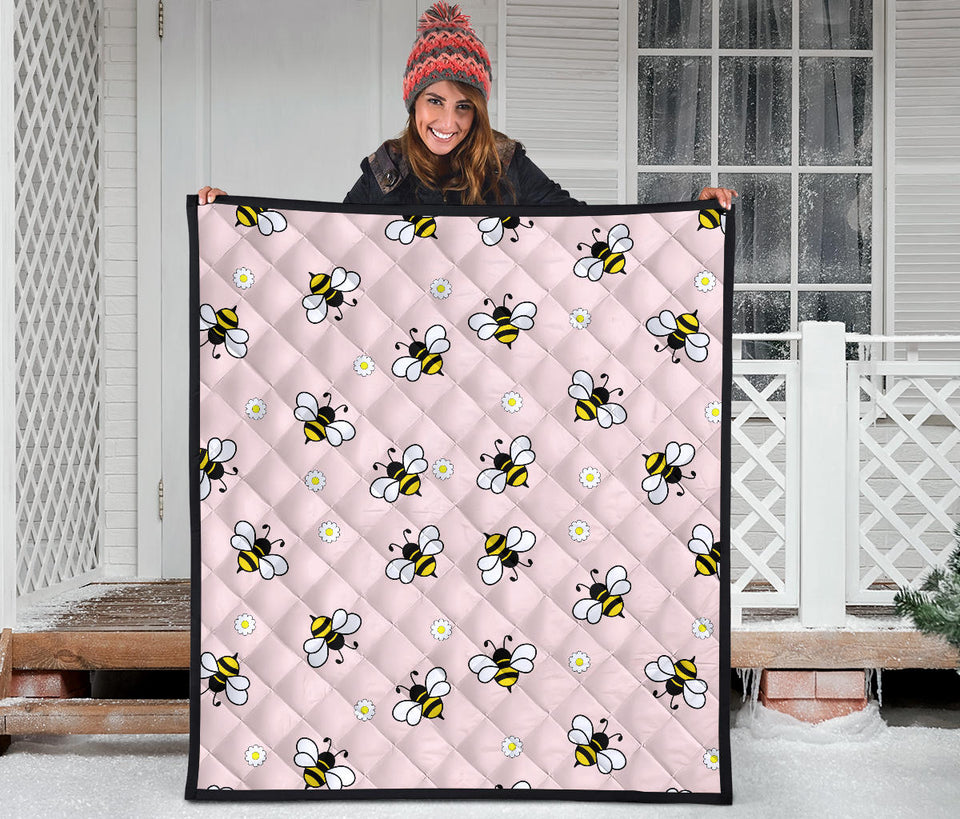 Cute Bee Flower Pattern Pink Background Premium Quilt