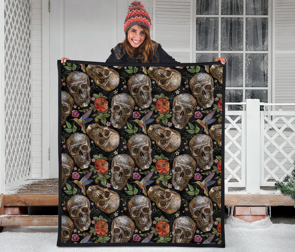Skull Rose Humming Bird Flower Pattern Premium Quilt.