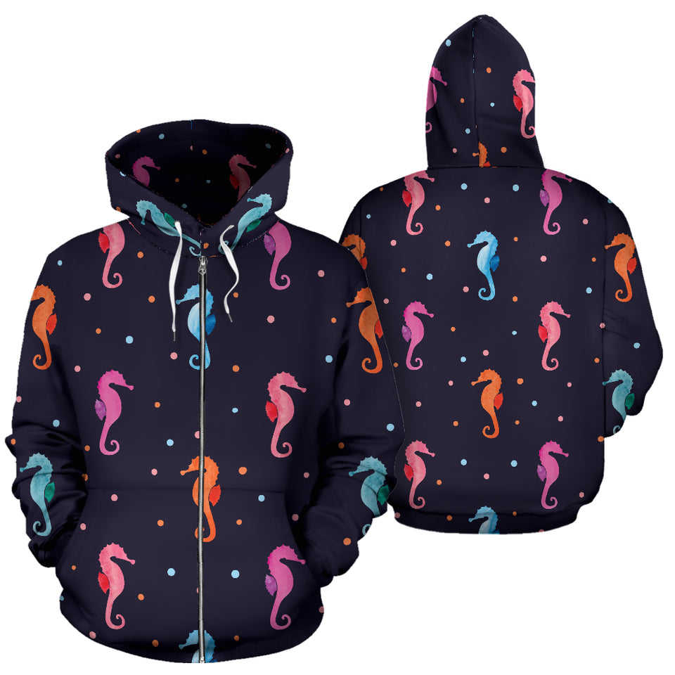 Watercolor Colorful Seahorse Pattern Zip Up Hoodie