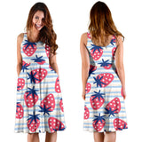 Strawberry Pattern Blue Lines Background Sleeveless Midi Dress