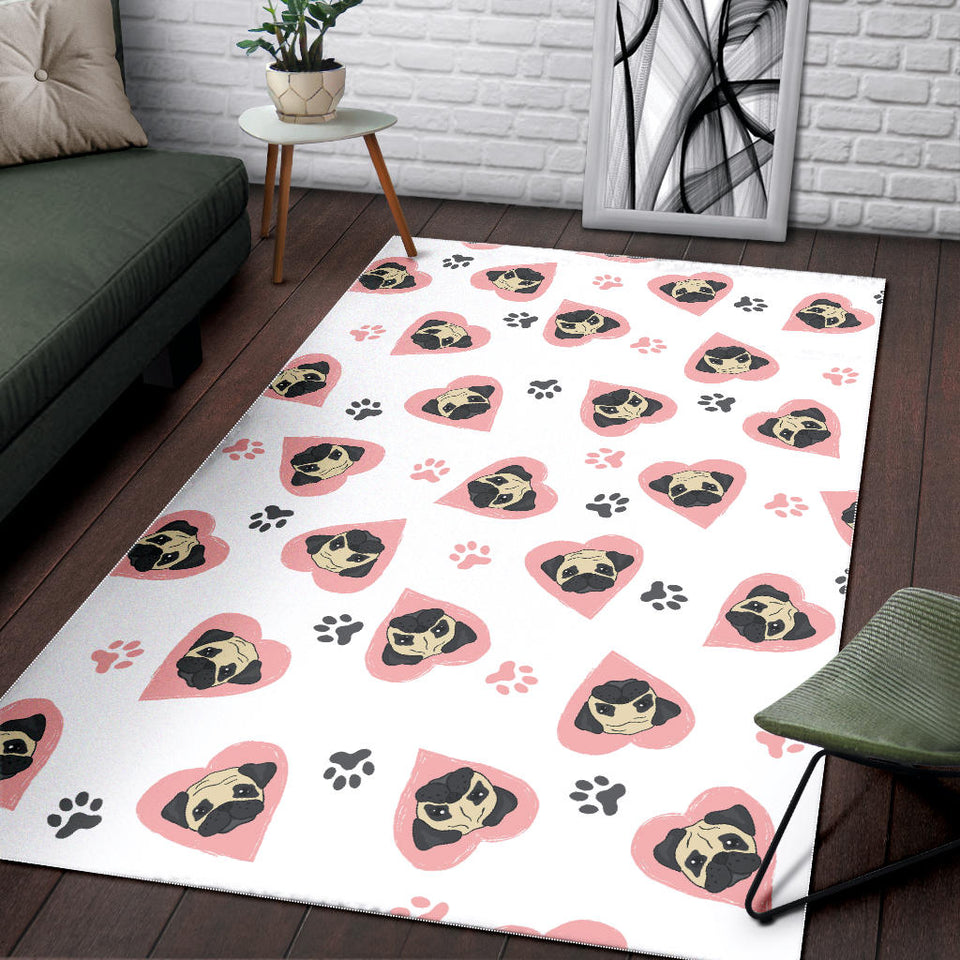 Cute Pugs Pink Heart Paw Pattern Area Rug