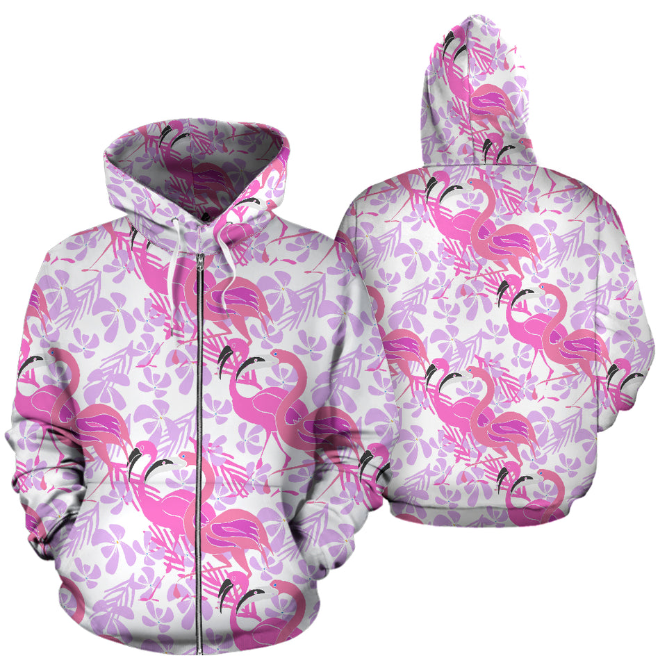 Pink Flamingo Flower Pattern Zip Up Hoodie