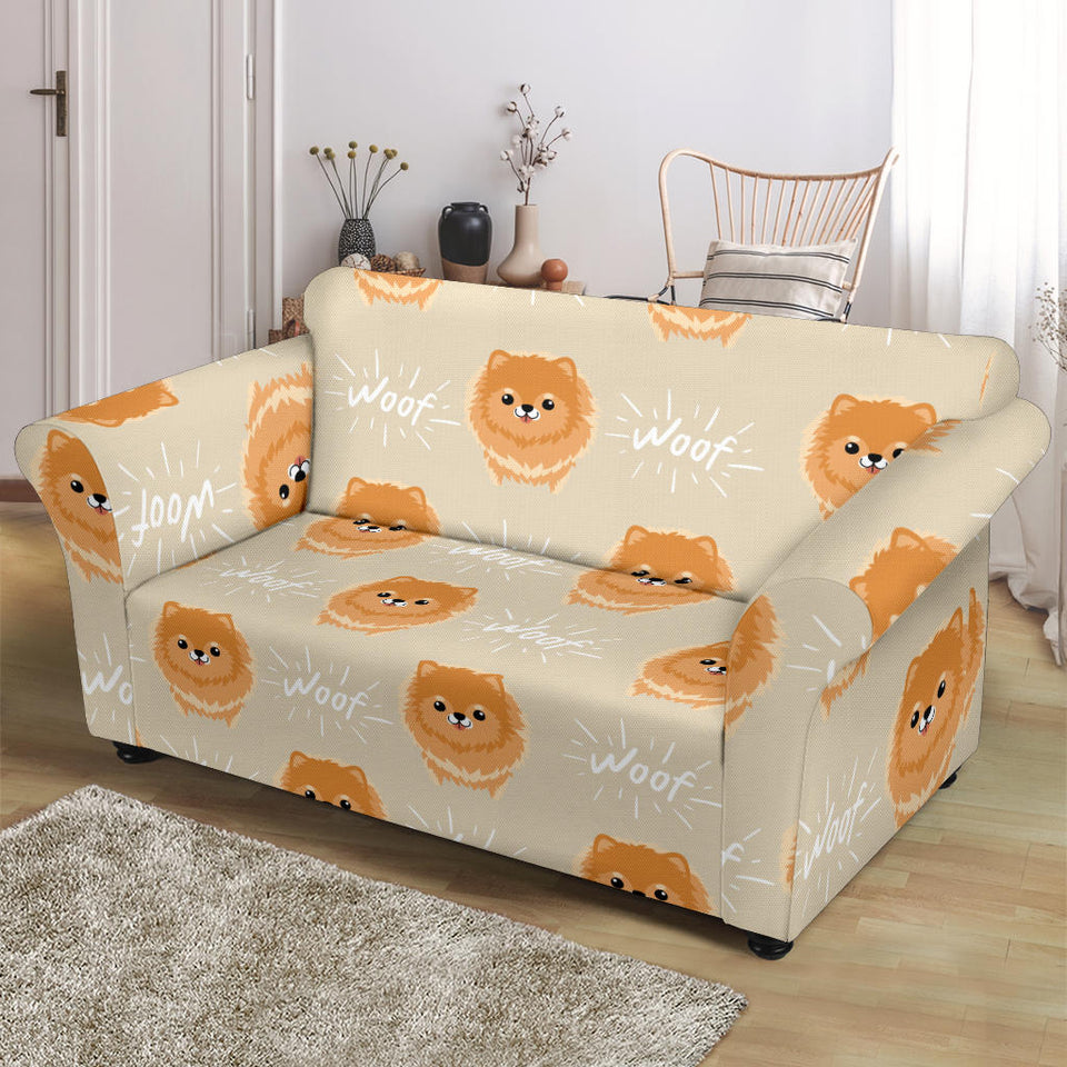 Cute Brown Pomeranian Puppy Loveseat Couch Slipcover