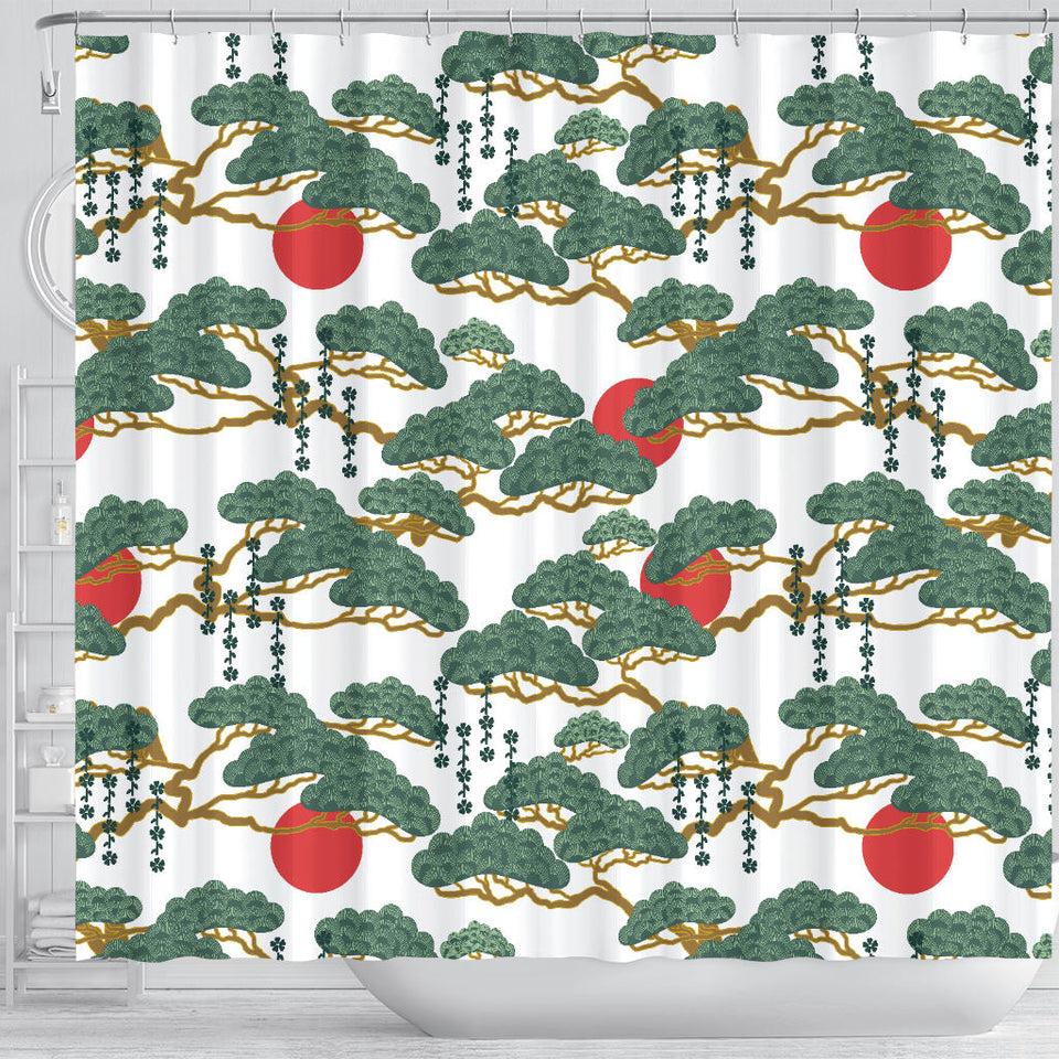 Bonsai Red Sun Japanese Pattern Shower Curtain Fulfilled In US