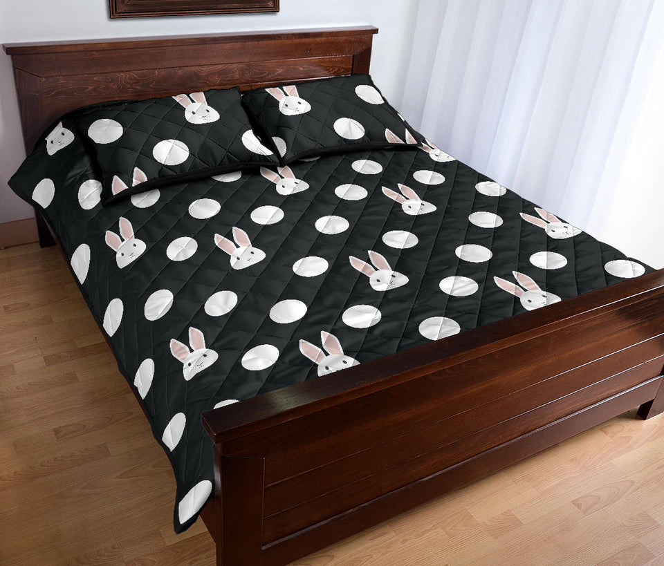 Cute white rabbit polka dots black background Quilt Bed Set