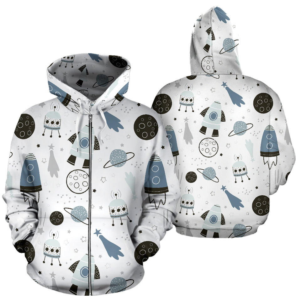 Hand Drawn Space Elements Space Rocket Star Planet Space Probe Zip Up Hoodie