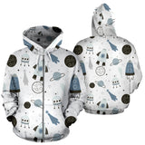 Hand Drawn Space Elements Space Rocket Star Planet Space Probe Zip Up Hoodie