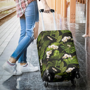 White Orchid Flower Tropical Leaves Pattern Blackground Luggage Covers