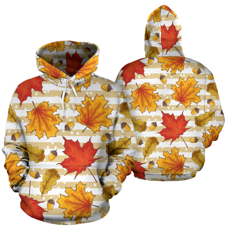 Maple Leaf Oak Leaf Acorns Beige Striped Background Men Women Pullover Hoodie