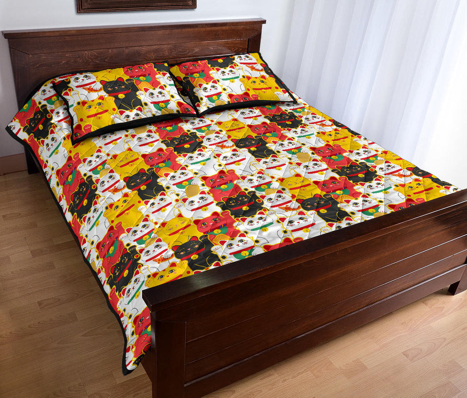 Colorful Maneki Neko Lucky Cat pattern Quilt Bed Set