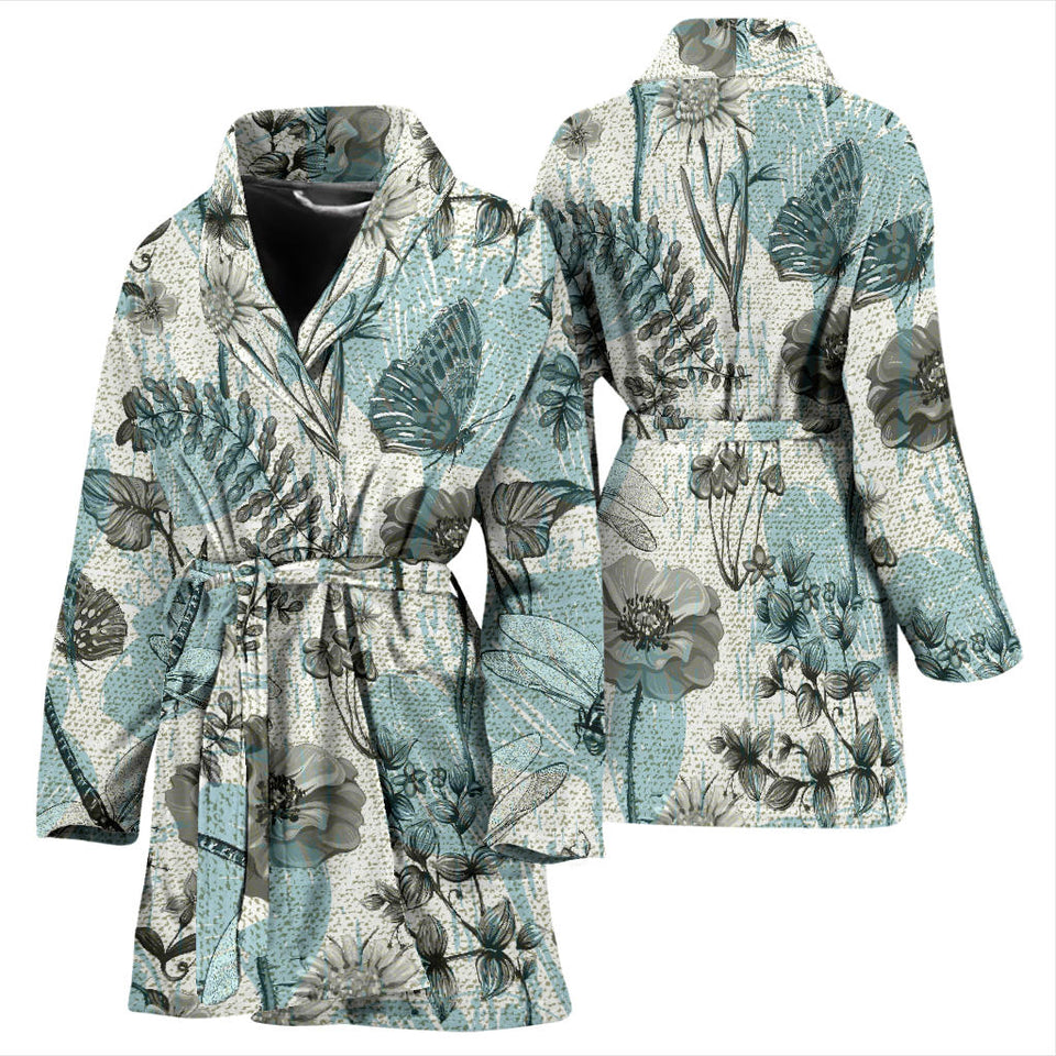 Dragonfly Butterfly Plants Insect Flower Vintage Style Pattern Women'S Bathrobe
