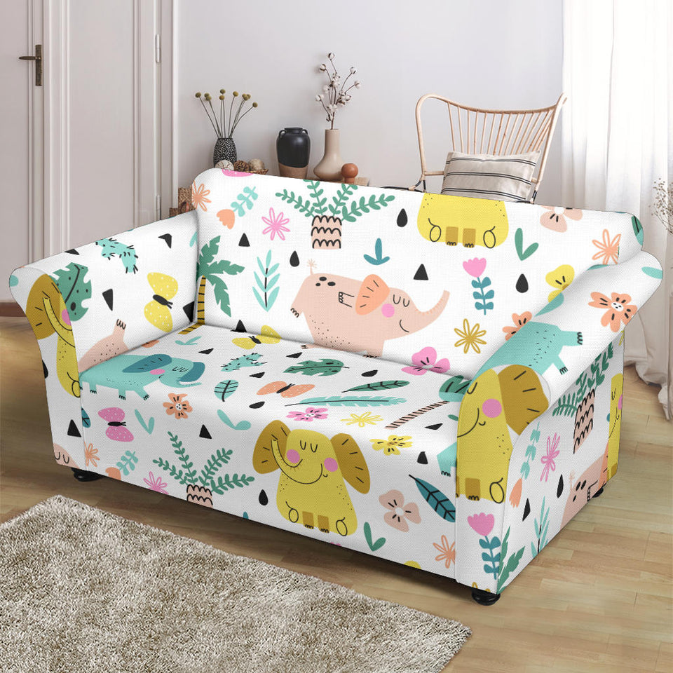 Cute Elephants Palm Tree Flower Butterfly Pattern Loveseat Couch Slipcover