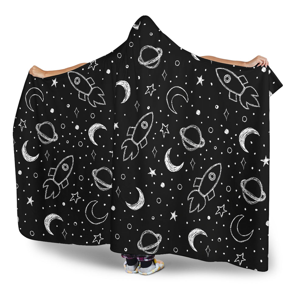 Hand Drawn Space Rocket Star Planet Hooded Blanket
