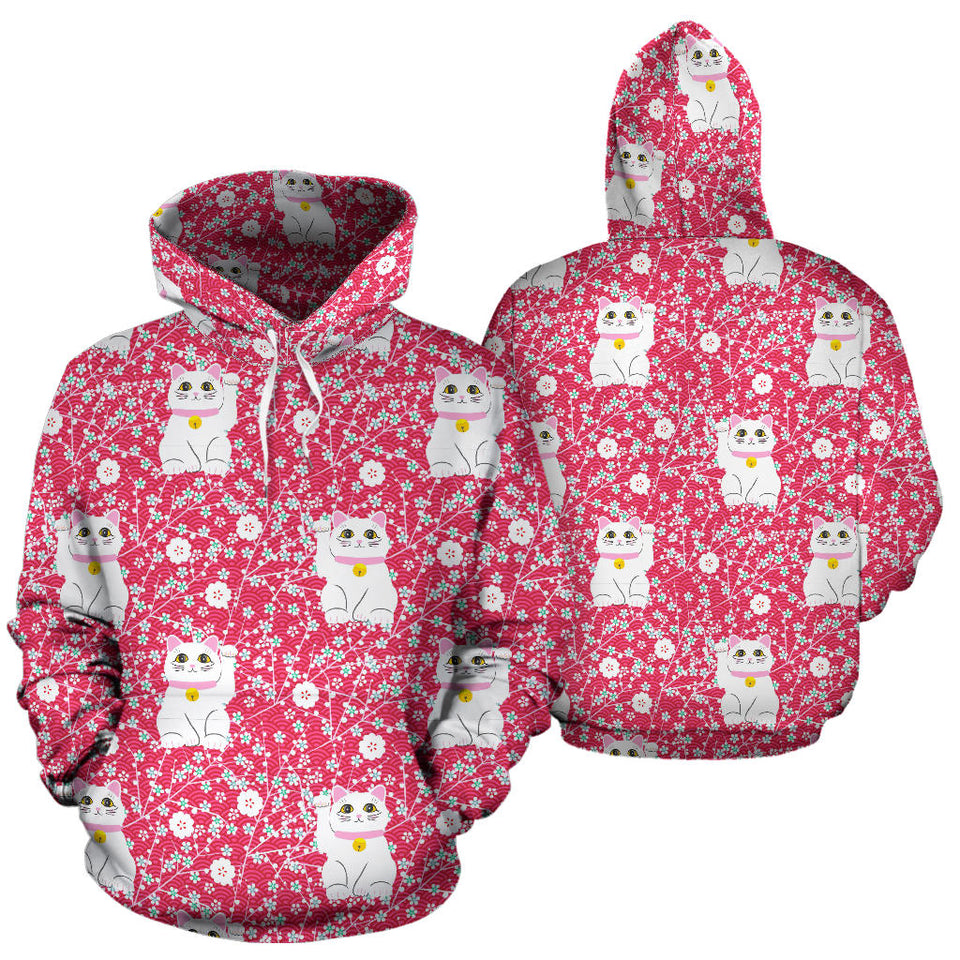 Maneki Neko Lucky Cat Sakura Pink Background Men Women Pullover Hoodie
