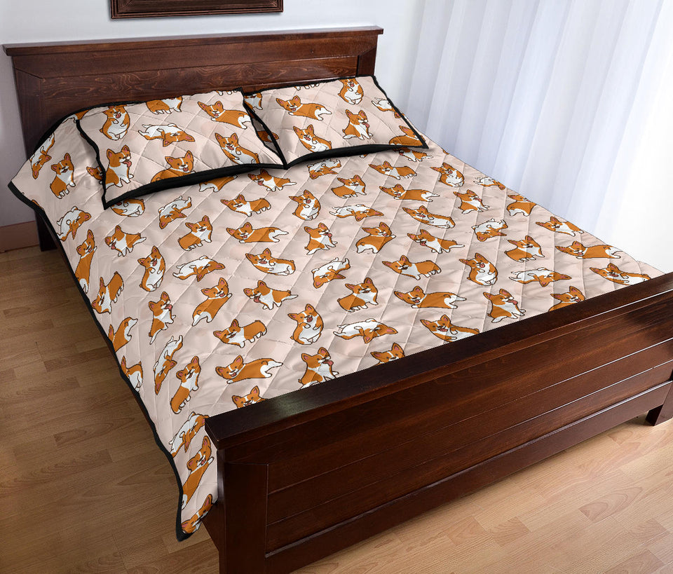 Cute Corgis Pattern pink background Quilt Bed Set