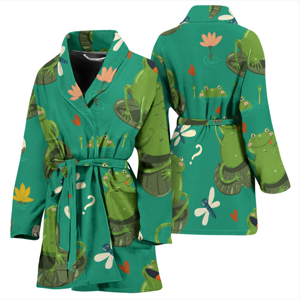 Cute Frog Dragonfly Design Pattern Women'S Bathrobe