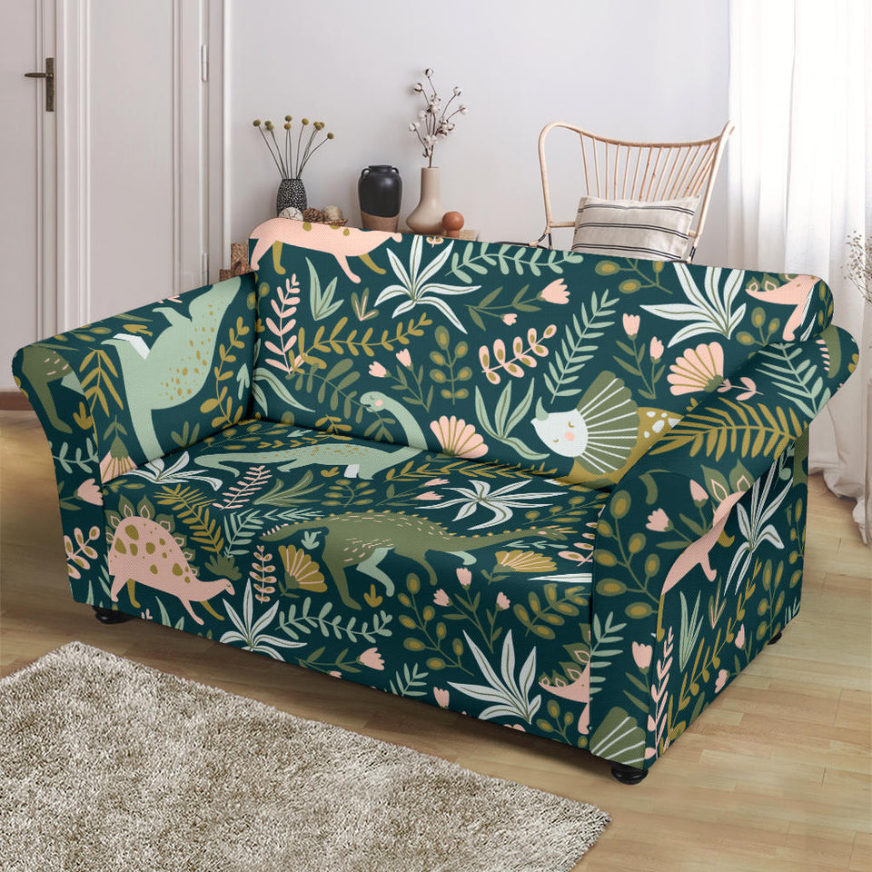 Dinosaurs Tropical Leaves Flower Pattern Loveseat Couch Slipcover