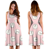 Clock Pattern Pink Blackground Sleeveless Midi Dress