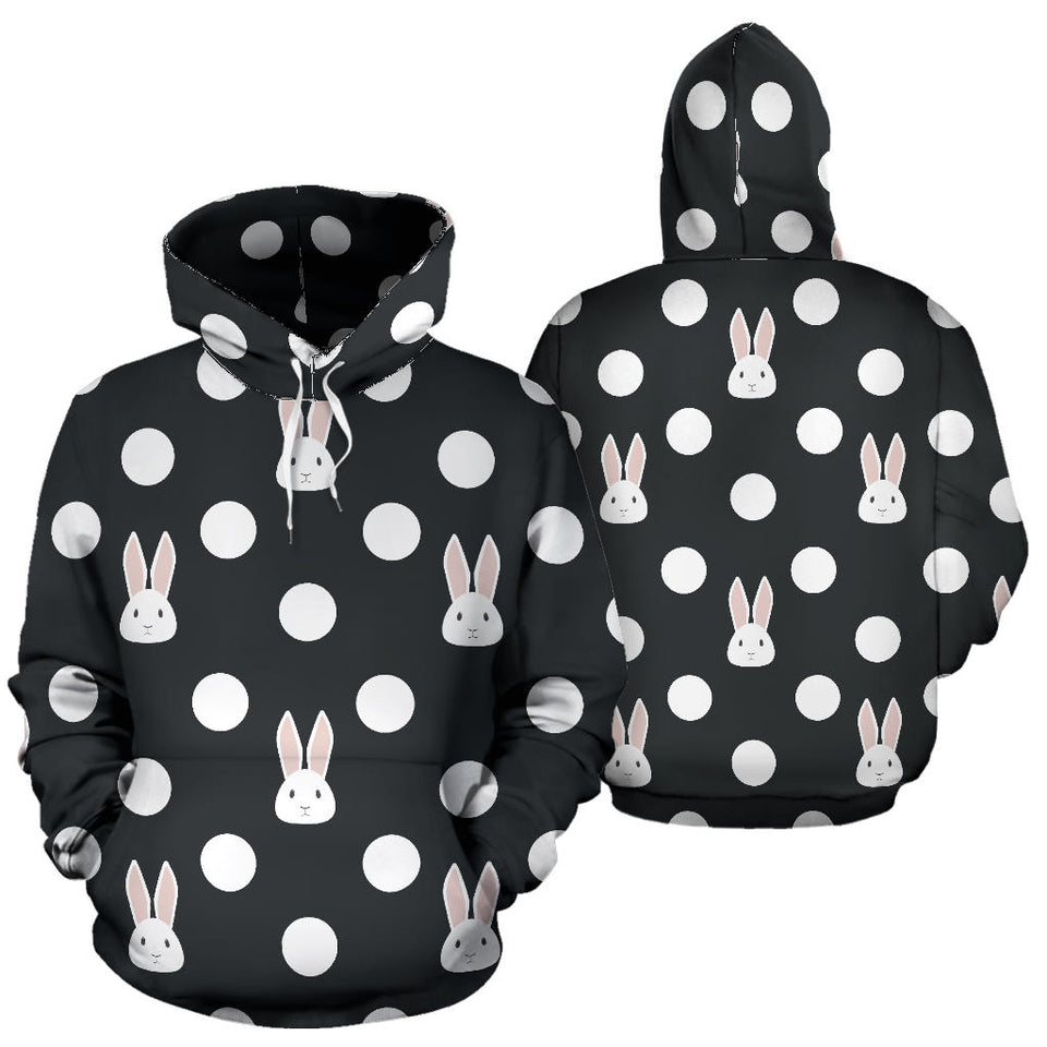 Cute White Rabbit Polka Dots Black Background Men Women Pullover Hoodie