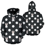 Cute White Rabbit Polka Dots Black Background Men Women Pullover Hoodie