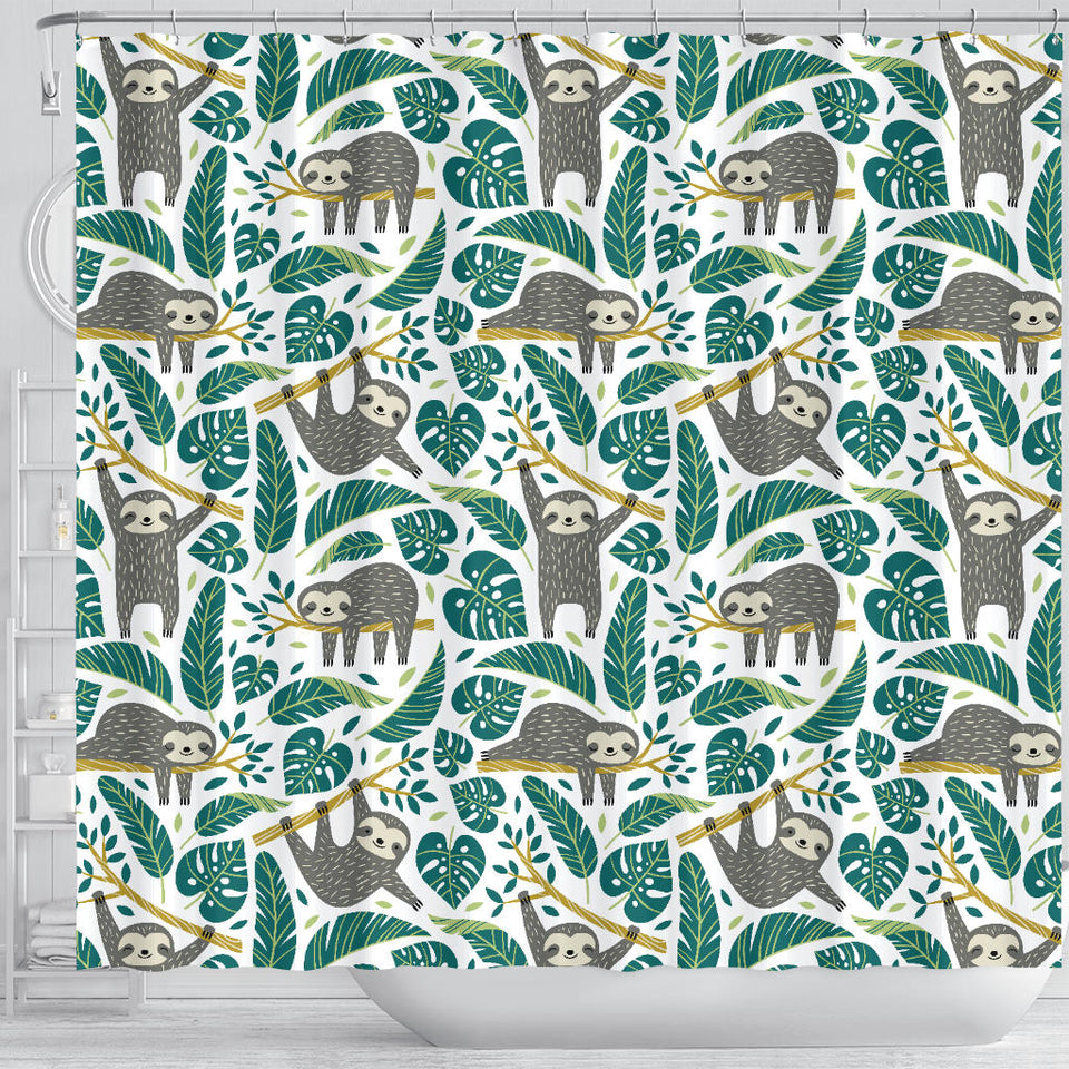 Cute Sloths Tropical Palm Leaves White Background Shower Curtain Fulfilled In US