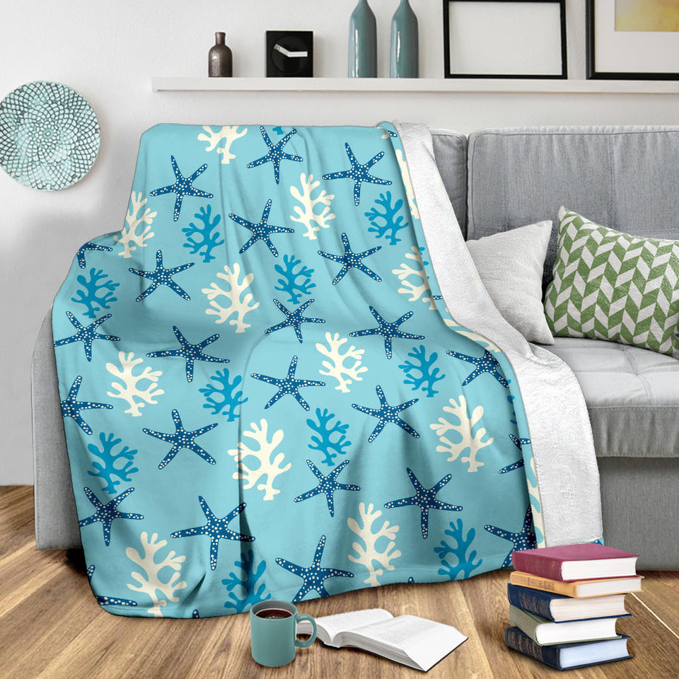 Blue Starfish Coral Reef Pattern Premium Blanket