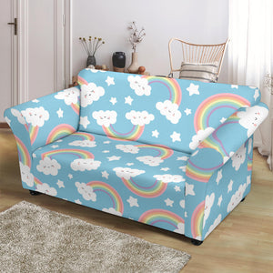 Cute Rainbow Clound Star Pattern Blue Background Loveseat Couch Slipcover