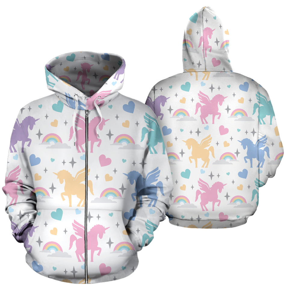 Colorful Unicorn Rainbow Heart Pattern Zip Up Hoodie