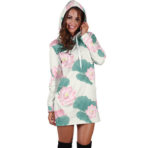 Pink Lotus Waterlily Leaves Pattern Women'S Hoodie Dress