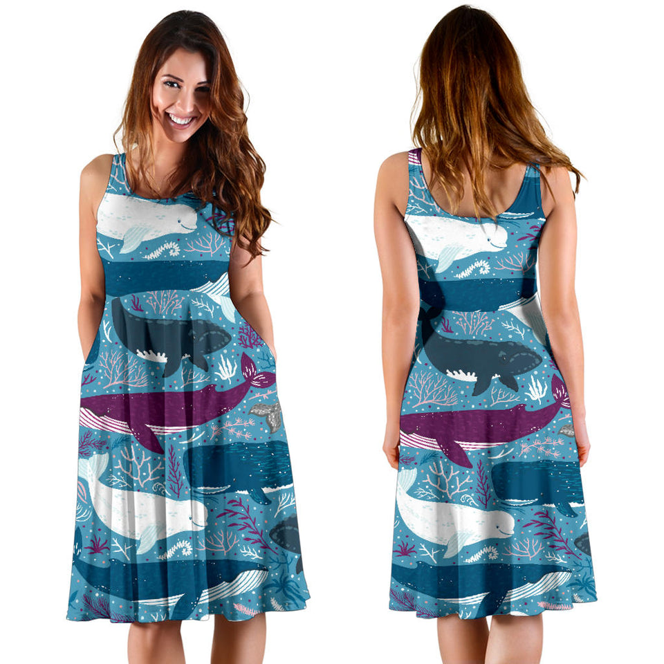 Whale Design Pattern Sleeveless Midi Dress