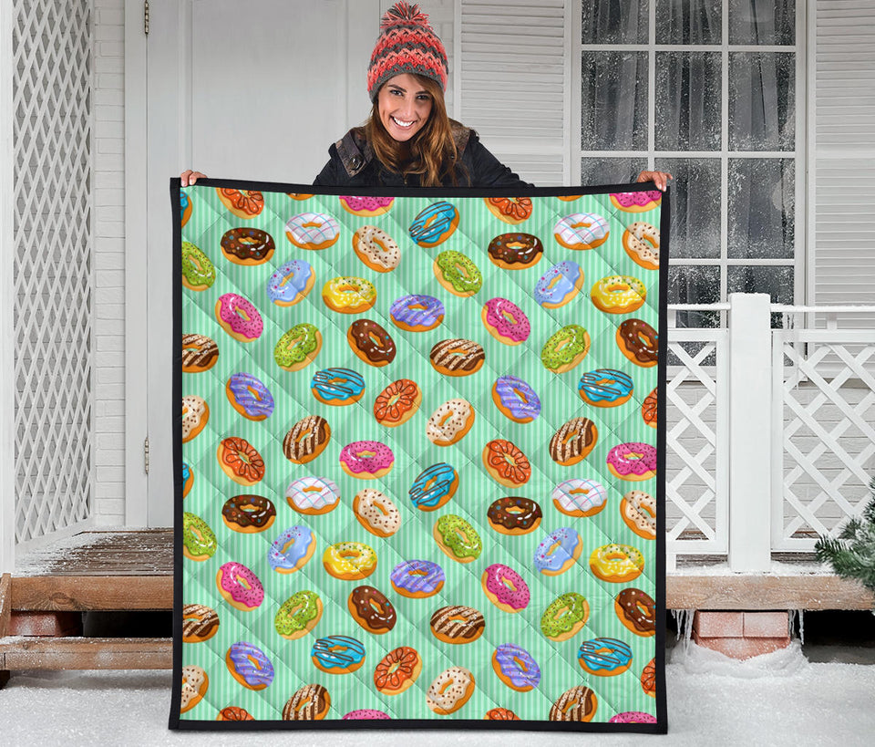 Colorful Donut Pattern Green Background Premium Quilt