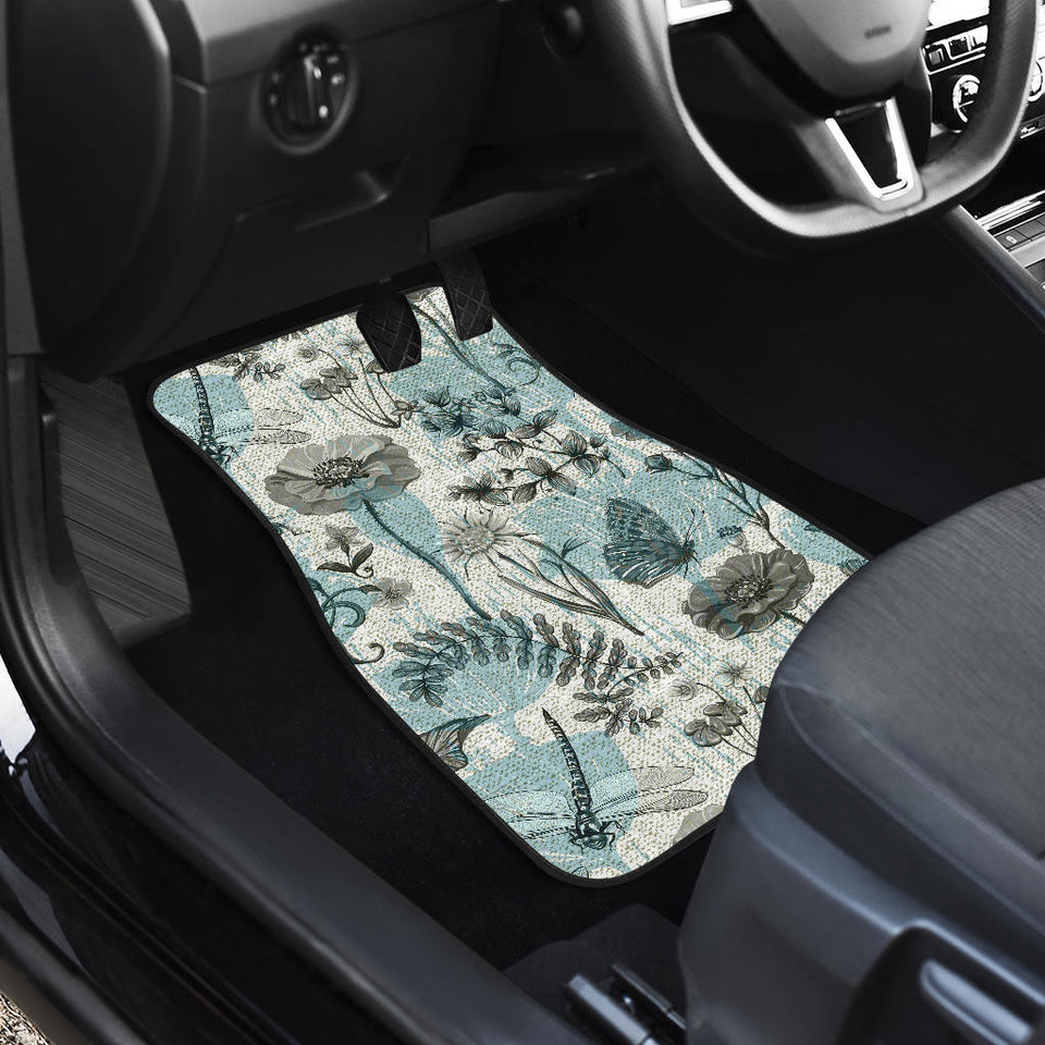 Dragonfly Butterfly Plants Insect Flower Vintage Style Pattern Front And Back Car Mats