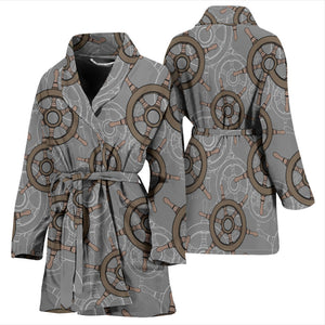 Nautical Wood Steering Wheel Pattern Women'S Bathrobe